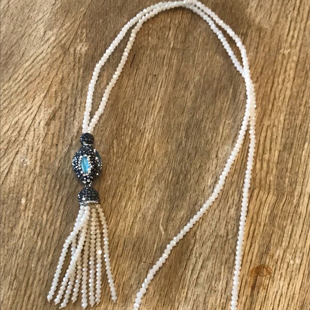 Ivory glass beaded Necklace with rhinestone charm